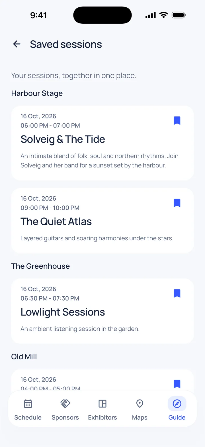 Saved sessions grouped by stage
