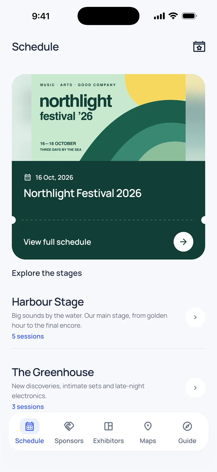 Eventorio schedule screen with the Northlight Festival card and its stages