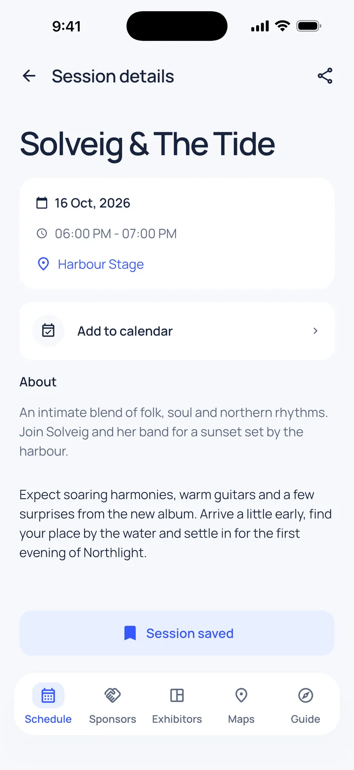 Session details with date, time, stage and add to calendar